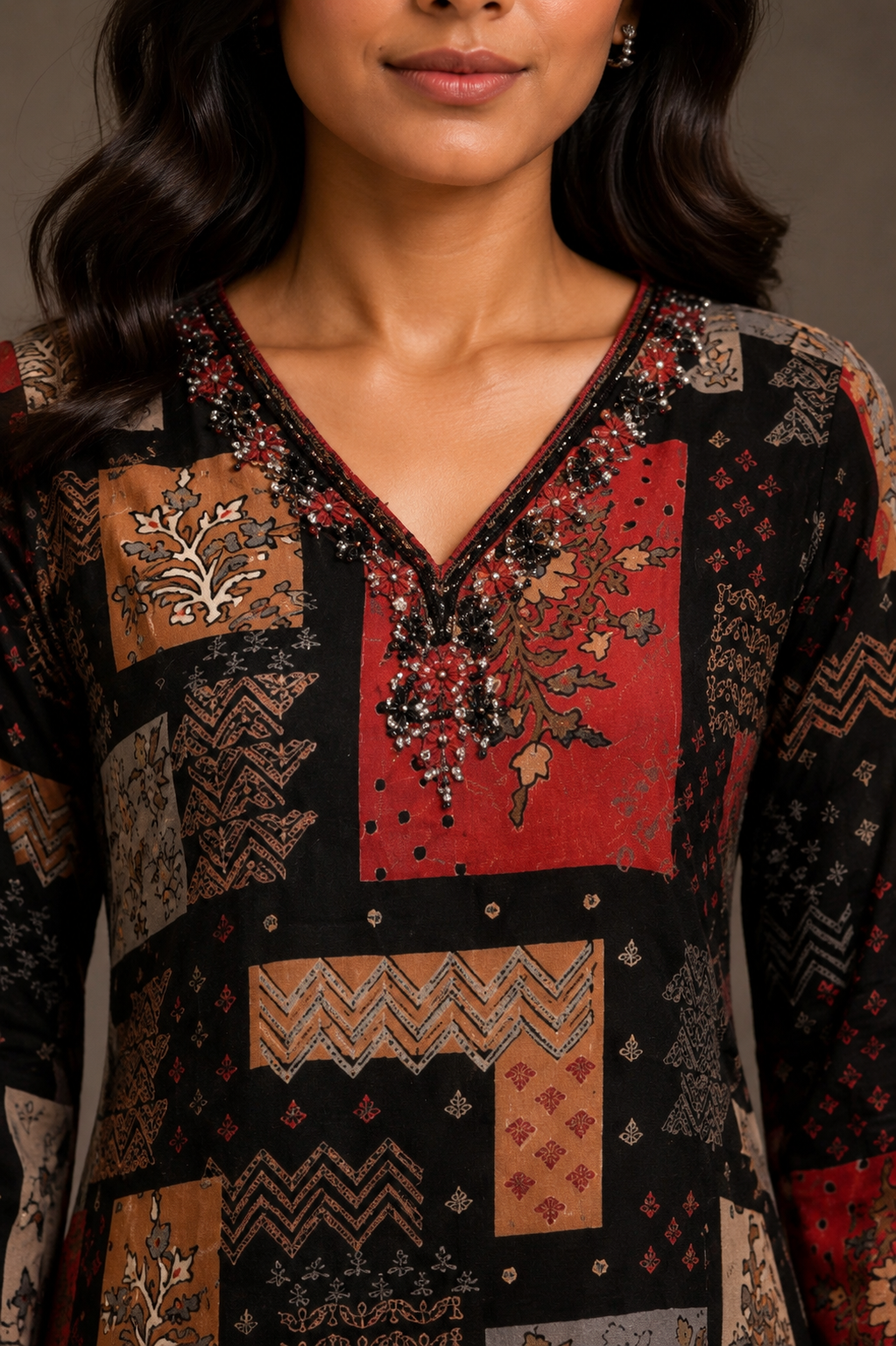 Black Printed Straight Kurti with Pom-Pom Detail